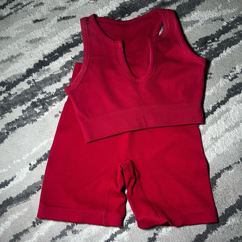 Red Ribbed Tank and Shorts Set